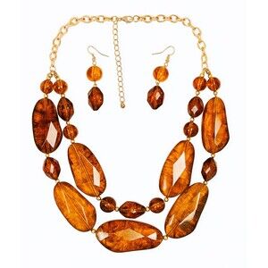 Amber Tone Necklace Earrings Set Faceted Beads Gold Chain Statement 16" - 19"